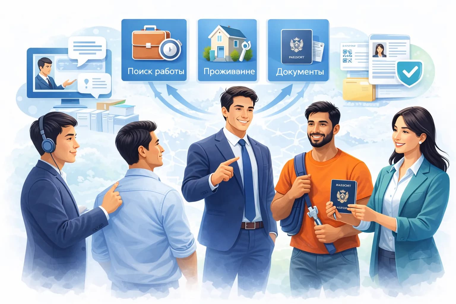MIGO Изображение с счастливыми мигрантами и документами